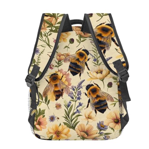 Retro Bee Backpack,Wildflower Cream Polyester Backpacks,Lightweight Double Shoulder Back Pack for Girls Women,Vintage Nature Bookbag,School Bag Gifts,Casual Travel Daypack Book Packs - color: Bee