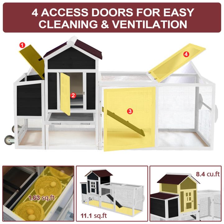 Chicken Coops for 1-2 Chickens with Wheels, Outdoor Wooden Hen House with Nesting Box, Large Rabbit Hutch, Outside Poultry House, Wire Fence Run Cages, Weatherproof for Backyard(Black) - size: 80.0"L x 24.2"W x 39.0"H