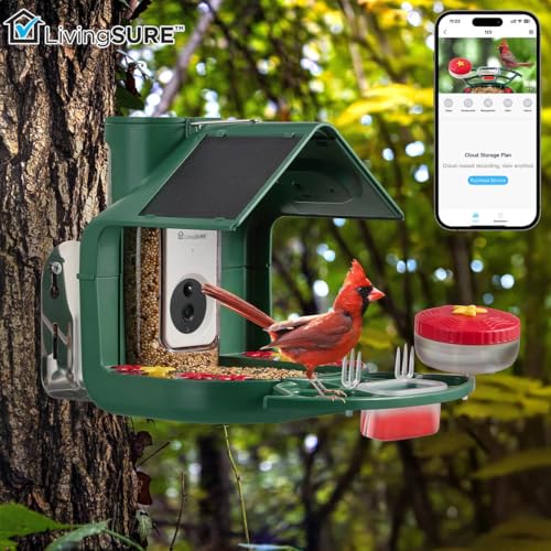 2-in-1 Smart Bird Feeder with Camera Outdoor Solar Powered Smart | Birdfeeder Live Stream Video Camera with AI Recognition for Outside Wild Birds Garden Decor - Bird Lover Gifts by LivingSURE