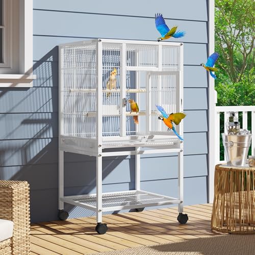YITAHOME 41 inches Metal Bird Cage for Parakeets: Large Parrot Cages with Tray, Food Boxes, and Wooden Perches with Rolling Stand & Brakes for Lovebirds Cockatiels Pigeon Finches, White - color: White, size: 19.0"L x 18.1"W x 40.5"H