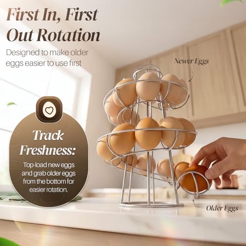 Flexzion Egg Skelter Modern Spiral Egg Holder Countertop (Medium Egg Display) - Freestanding Wired Countertop Egg Holder for Fresh Eggs, Dispenser Stand, Storage Rack for Kitchen, Silver | Wire Chicken Egg Basket and Rotating Skelter Rack for Fresh Egg St