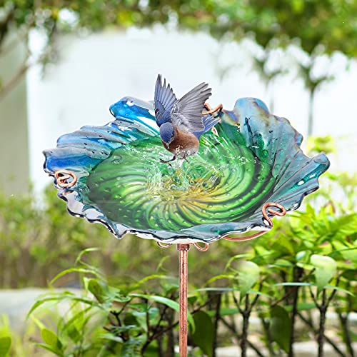 26" Glass Bird Bath, Outdoor Birdbath Bird Feeder Green Flower Metal Stake | Bird Bath for Outside with Stable Metal Stake, Attracts Birds for Bathing and Adds Elegant Outdoor Garden Decor - color: Green