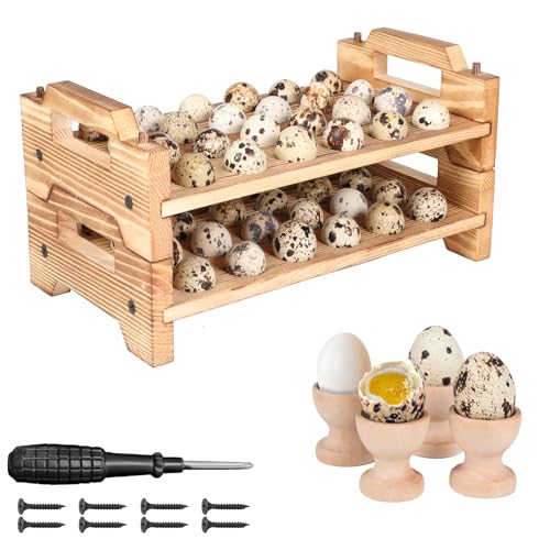 Stackable Wooden Quail Egg Holder Countertop-Expandable Storage Rack with 4 Bonus Egg Cups | Solid Wood Tray with Secure Interlocking Dowels for 48 Fresh Quail & Pigeon Eggs (Single or Multi-Tier Use)