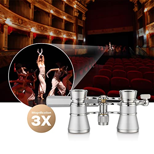 Aomekie Opera Glasses Binoculars 3X25 Lorgnette Theater Glasses Mini Binocular Compact with Handle for Adults Women in Musical Concert（Silver） - color: Silver with Handle