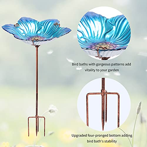 26" Glass Bird Bath, Outdoor Birdbath Bird Feeder Blue Flower Metal Stake | Bird Bath for Outside with Stable Metal Stake, Attracts Birds for Bathing and Adds Elegant Outdoor Garden Decor - color: Blue