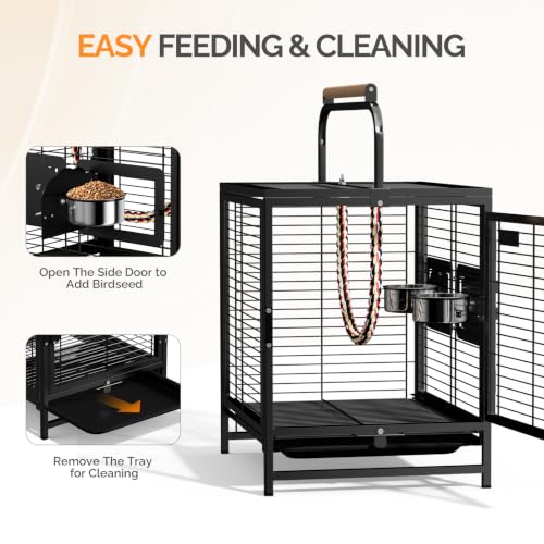 VINGLI Small Bird Cage, 19 inch Travel Carrier Bird Cage with Handle, Wrought Iron Parakeet Cage with Wooden Perch for Parrot Lovebirds Finches Small/Medium Birds (Matte Black) - color: Matte Black