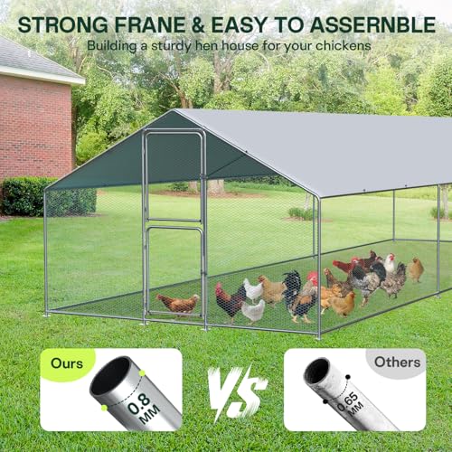 Large Metal Chicken Coop with Run, Waterproof & UV Protected Cover, Holds Up to 30 Chickens. Double Lock Doors, Spire Roof Design, Ideal for Hens, Ducks and Rabbits (13.1 x9.8 x 6.6 FT)