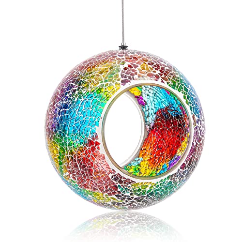 VCUTEKA Bird Feeder Mosaic Fly Through Hanging Birdfeeders for Garden Decor | 7 inch Mosaic Bird Feeeders for Outdoors, Round Shape Glass Container to Attract Wild Birds for Backyard Porch Yard Decor - color: Red