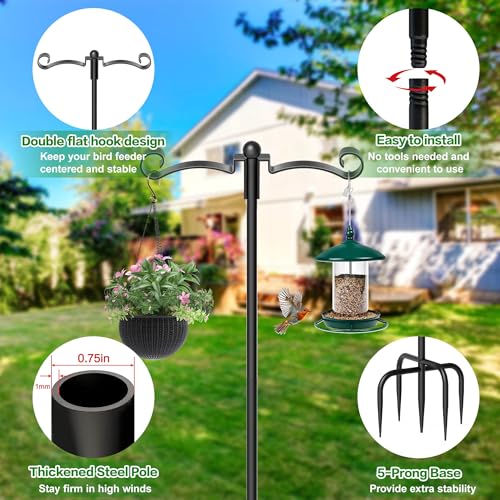 88" Adjustable Double Shepherds Hook for Outdoor, Heavy Duty 3/4" Thick Bird Feeder Pole with 5-Prong Base for Hanging Plant Baskets, Hummingbird Feeder, Solar Lights, Lanterns (2 Pack) - size: 2 Pack