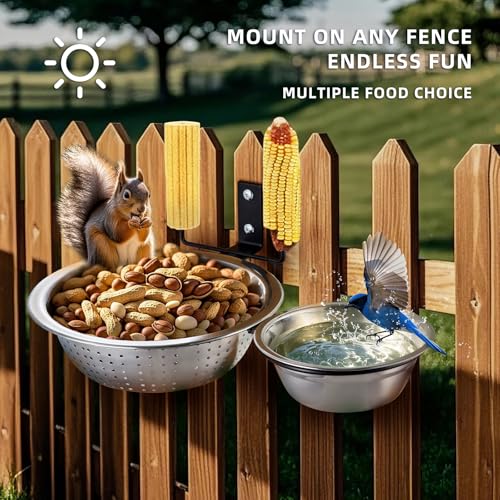 2-Hoop Squirrel and Bird Feeder, Cute Metal Colander Feeders Outside Tree Mounted, 8.6" Drainage Feed+2 Corn Cob Holder for Dry Food, 5.6" Solid Bowl for Water/Bath-Squirrel Feeders for Fence - size: 2-Hoop - 14.1" Length
