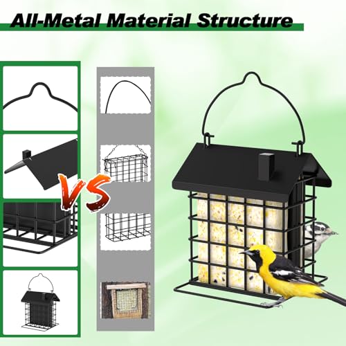 Gbekery All-Metal Double Suet Bird Feeder for Outdoors Hanging, Suet Cake Cage Holder with Weather-Resistant Roof & Perch for Outside Garden, Black - color: Black