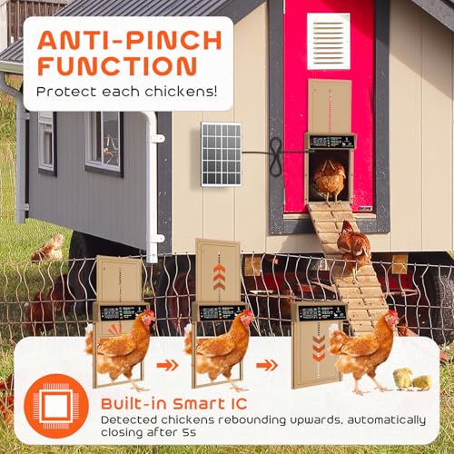 AsFrost Automatic Chicken Coop Door, 7W Solar Panel Powered Brown | Timer & Light Sensor Auto Chicken Door for Small Poultry,Solar Coop Door with Remote Ctrl, Anti-Pinch & Weatherproof Aluminum - color: Brown