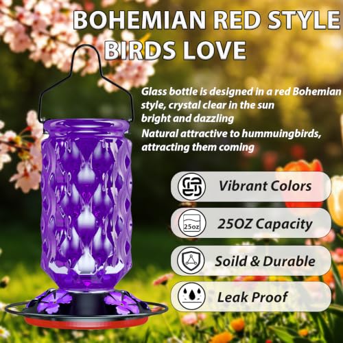 Glass Hummingbird Feeder for Outdoors, 25OZ Hummingbird Feeder with 5 Flower Ports & Perch, Leak-Proof, Crystal Clear – Hummingbird Feeders for Outdoors Hanging, Garden Decor,Gifts for Women Men - color: Purple