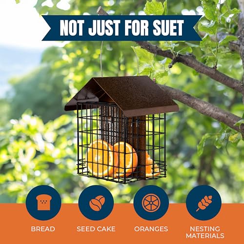 MEKKAPRO Suet Bird Feeder Metal Roof Cage Hanger Holds 2 Suet Cakes Outside | Woodpecker Feeder Offering Two Suet Bird Feeder Capacity; A Hanging Wild Bird Feeder Basket Built For Outside Use Year-round