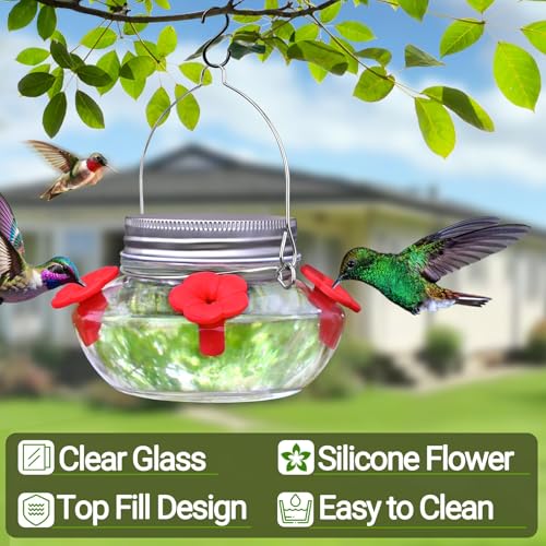 Hummingbird Feeders for Outdoors Hanging, Mason Jar Humming Bird Feeder | Glass Hummingbird Feeder for Outside with 4 Silicone Flower Feeding Ports, Top Fill Leak Proof Easy to Clean and Refill