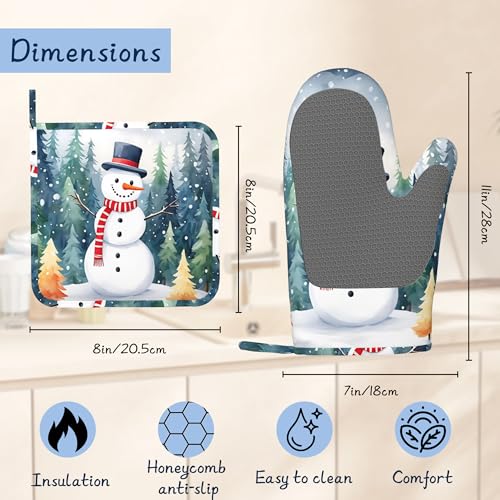 Oven Mitts and Pot Holders Sets,Cute Snowman Thick Cotton Kitchen Oven Mitt Set,Christmas Winter Forest Waterproof Anti-Slip Silicone Mittens for Baking,Cute Cooking Utensils Set - color: Cute Snowman