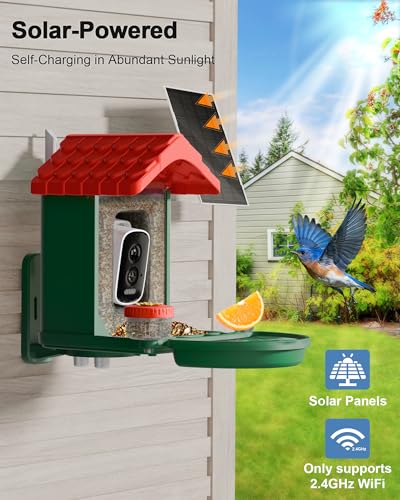 2-in-1 Smart Wild Bird Feeder & Bath with 4K HD Camera, AI Identification Solar Bird Feeder Watching Camera Night Vision for Outdoor Birds Watching Gifts for Birdlover, Red & Green - color: Red & Green