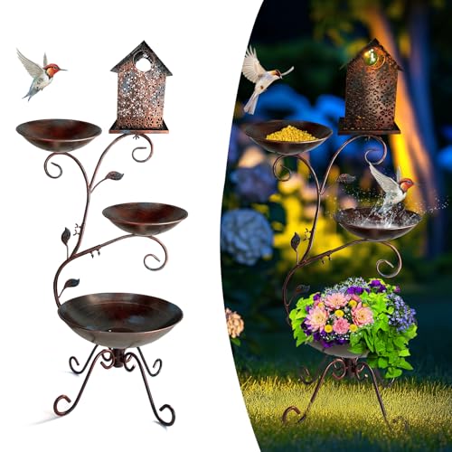 Bird Bath for Outside, 37" Antique Brass Metal Bird Bath Outdoors with Solar Lights, 4-in-1 Rust-Resistant Bird Feeder and House Combo, Detachable Flower Pots for Garden Yard Patio Decor - color: Brown S Shape-with Solar Light