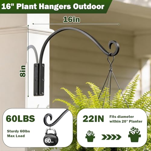 Heavy Duty 16 Inch Plant Hangers Bracket Outdoor 2 Pack Hanging Plant Hook | 60LBS Capacity, Rust-Proof Metal Wall Hook, Enhanced 6-Hole Base, For Hanging Plants, Bird Feeder, Wind Chime, Flower Baskets - size: 16in-2PCs