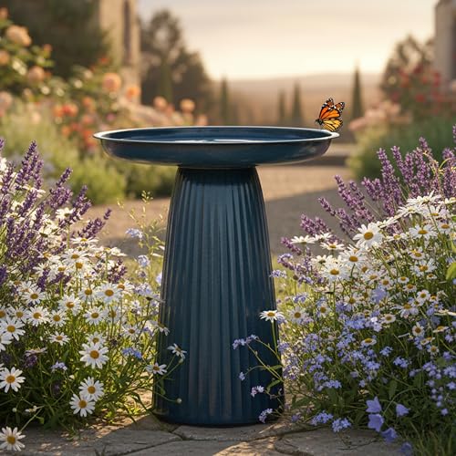 Sunnydaze Modern Bird Bath for Outside, Iron, 23” H, Blue Glaze | UV & Rust-Resistant Matte Finish, Durable Iron,1 Gal Water Cap, Outdoor Birdbath for Garden, Pedestal Bird Bath with Bowl - color: Blue Glaze