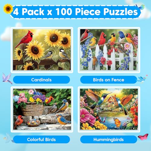 4-Pack 100 Piece Puzzles for Kids Ages 6-8 8-10 Year Old | Birds Puzzles, Large Piece Puzzle for Seniors 100 Pieces Adults Jigsaw Puzzle, Learning Educational Toys for Boys and Girls - style: Cardinals Birds Hummingbirds