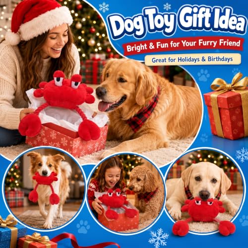 Squeaky Dog Plush Chew Toy, Interactive Tug Squeaky Toy for Chewers, Medium & Large Dogs & Fetch Play, 18.1 Inch Stuffed Crab Toy with Rope Twisted Claws for Gentle Gum Care & Boredom Relief, Red - color: Red (Crab)