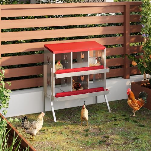 Chicken Nesting Boxes 6 Holes Galvanized Steel Rustproof Egg Laying Box with Egg Collection Systems, Hen Eggs Laying Box, Ventilated/Easy to Install, for Chicken House/Duck House/Hen - color: Red, size: 6 Holes with Legs