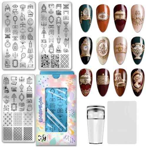PH PandaHall 3pcs Vintage Furniture Nail Stamping Plates Clocks Gramophone Nail Art Templates Lighting Cameras Nails Image Stamp Floral Patterns Nails Art Stencils for Women DIY Manicures Salon - style: Vintage Furniture