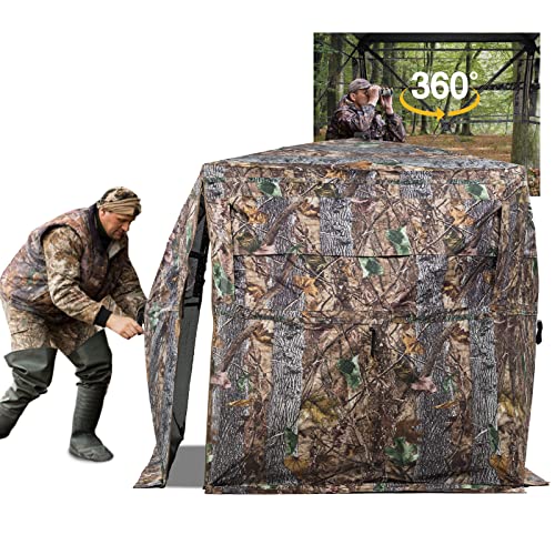 Hunting Blind 270/360 See Through Deer Blind, Pop Up Ground Blind | 2/3/4 Person Camouflage Tent, Portable Concealed Shelter with Carrying Bag, Silent Sliding Windows, Windproof Bottom Layer - size: 2-3 Person, style: 360