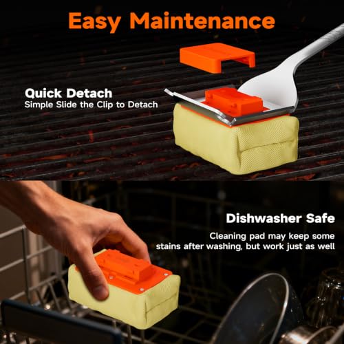 Grill Brush Bristle-Free with Scraper, Kevlar Steam BBQ Cleaner, Orange | Non-Metal Bristle, Replaceable Head, 17" Handle, 4-in-1 Scraper, for Porcelain, Ceramic, Stainless Steel, Cast Iron Grate - color: Grill Brush & Scraper