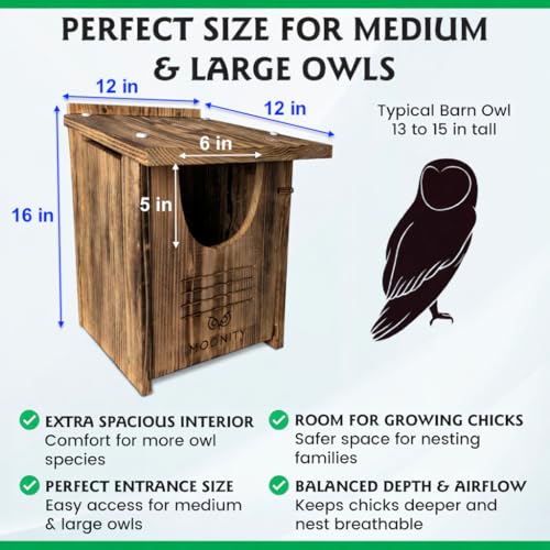 MOONITY Fire-Treated Cedar Owl House Bundle – 16"x12"x12" & 14"x9"x9" Nesting Box Set for Barn, Screech, Kestrel & More – Weatherproof, Predator-Safe & Easy to Install