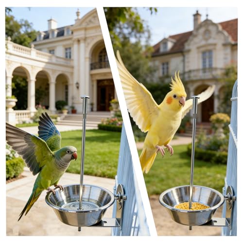 Stainless Steel Bird Cage Fruit Fork, Bird Water Feeder & Bird Bowl Set - Pet Parrot Vegetable Feeding Tool with Secure Cage Mount（2-Pack