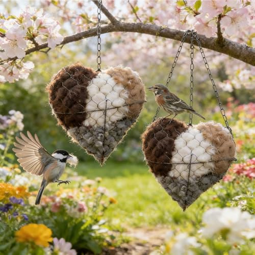 Handmade Fiber Bird Nesting Heart, Birds Nests Material Holder, Bird Nesting Material Includes Plush Fabric and 40g Cotton-Linen Blend Filling, Outside Gifts for Birds Lovers (2 Set) - color: 2 Set