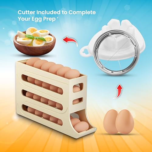 ZAYLAN Auto-Rolling Egg Holder for Fridge – 4-Tier Space-Saving Dispenser Holds 28 Eggs, Cream Organizer with FREE Flower Egg Cutter - color: CREAM