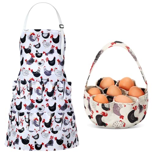 Cutecrop 2 Pcs Egg Collecting Apron and Basket, 15 Gathering Pockets Chicken Apron and 7 Pockets Basket for Farmers Kitchen(Vivid Style) - style: Vivid Style