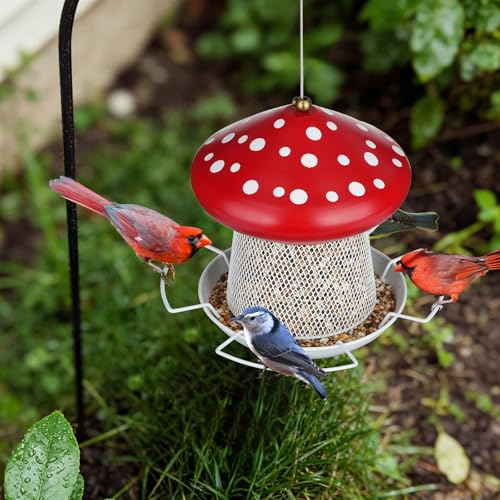Bird Feeder, Heavy Duty Metal Bird Feeders for Outdoor Hanging | Wild Birdfeeder, 3LB Capacity, 4 Perches, Sturdy, Cute Mushroom Shape, For Outside Garden Yard - color: Red