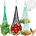 4Pcs Chicken Vegetable Hanging Feeder Bag with Hook and Chain | 2 Large and 2 Small Mesh, S hook and stainless chain, Reusable String Net. Coop Treat Toy for Poultry, Hens, Ducks, Goose