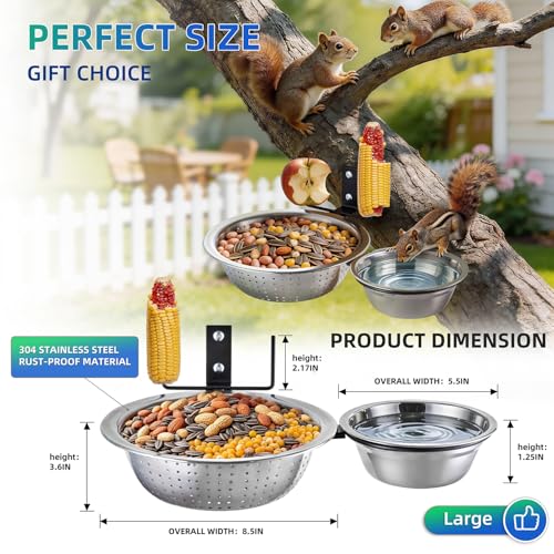 2 Bowls Squirrel Food&Water Feeder, Metal Chew-proof Squirrel Feeders for Outside, Picnic Table with 2 Corn Cob Holders - Removable Smart Drainage 304 Bowl+Bird Water Bowl&Seed Tray-Tree Mounted - color: 2-Bowls Feeder