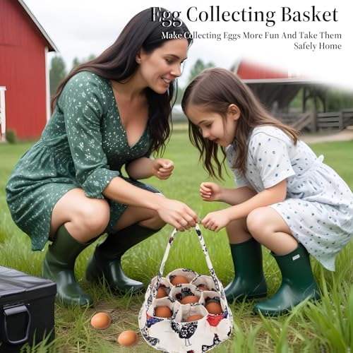 JJUNW 1 Pc Egg Collection Basket, Farmhouse Chicken Egg Holder with 7 Bags, Handheld Egg Purse Egg Basket for Collecting Fresh Eggs, Housewife Garden Transport Storage(Beige Chicken)