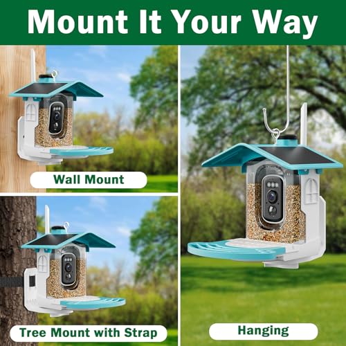 Smart Bird Feeder with Camera, Solar 2K AI Identification, Blue | Dual Solar Power, 32GB SD Included, Squirrel Barrier Tray, IP65 Weatherproof, Instant Bird Alerts, 30-Day AI Cloud Trial - color: blue