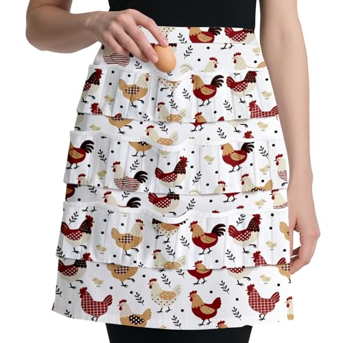 CUTHOLLOW Egg Collecting Apron for Adlut, Housewife, 18 Deep Pockets Hen Egg Gathering Holding Apron with Elastic Closures - style: Rooster and Hen