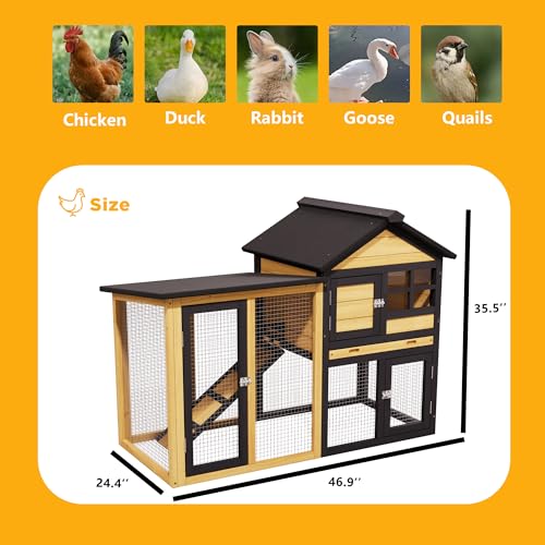 Wooden Chicken Coop with Run, Outdoor Hen House Poultry Hutch with Removable Tray & Ramp, Wire Fence, Weatherproof Roof, for Backyard 2-3 Chickens - color: Yellow