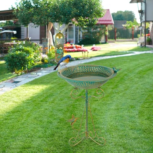 dreamysoul Bird Bath 13" Dia Bowl, Metal Birdbath with Mesh Feeder, Pedestal Bird Baths for Outside Outdoors Garden Patio Yard