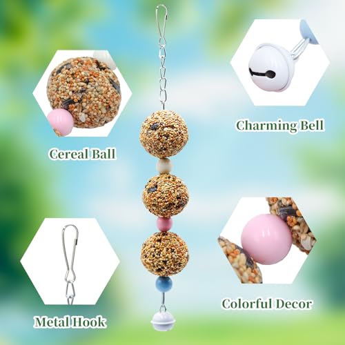 Bird Toys, 2 Pack Chew Toy with 3 Natural Cereal Foraging Balls for Cage, Parakeet Toys, Chew Toy Ball for Budgies, Cockatiels, Lovebirds, Green Cheeks, Small to Medium Birds