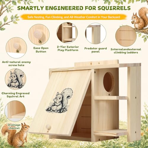 Large Widened Squirrel House for Outside, Waterproof Squirrel Nesting Box | External Platform & Porch, Anti-Predator Squirrel Box for Backyard, Solid Pine Wood, Easy to Assemble, DIY, 16×14.5×8 Inch