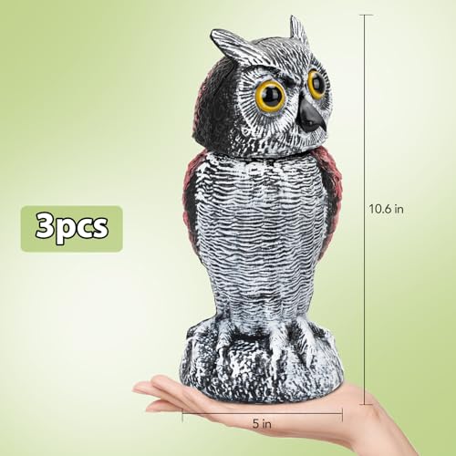 3-Pack Fake Owl Decoys to Scare Birds Away, Rotating Head Plastic Owl Bird Deterrents, Nature Enemy Scarecrow Plastic Statues, Pest Repellent for Gardens and Patios