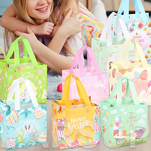 16PCS Happy Easter Egg Hunt Bags Easter Bunny Carrot Chick Egg Gift Bags with Handles, Easter Treat Bags, Easter Party Supplies , 8.3×7.9×5.9inch - color: Pink Green Orange Blue