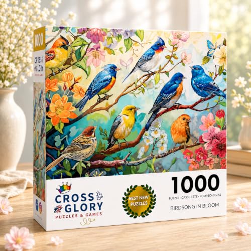 Cross & Glory | 1000 Piece Jigsaw Puzzles for Adults | Birdsong in Bloom | Audubon Birds | 2mm Thick Pieces | Bonus Reference Poster | Satin Finish | Ages 14+ - color: Birdsong in Bloom