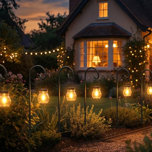 Gtongoko 32 Inch Shepherd Hooks for Outdoor 4 Pack, Adjustable Garden Hooks for Hanging Plants, Lanterns, Solar Lights, Mason Jars & Wedding Decor, Matte Black Decorative Shepherd’s Hooks