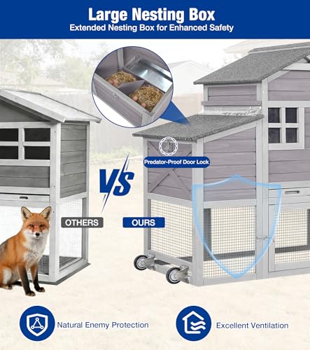 Mobile Chicken Coop with Run, Large Wooden Chicken House with Wheels, Duplex Hen House with Nesting Box, Slide-Out Tray, Waterproof Roof, Accommodates 2-4 Chickens - Grey - color: 73.4“L Light Grey